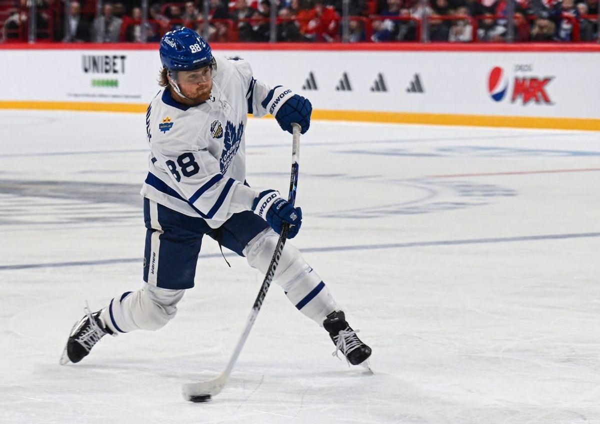 Nov 17, 2023; Stockholm, SWE; Toronto Maple Leafs right wing William Nylander (88) takes a shot against the Detroit Red Wings during a Global Series NHL hockey game at Avicii Arena.
