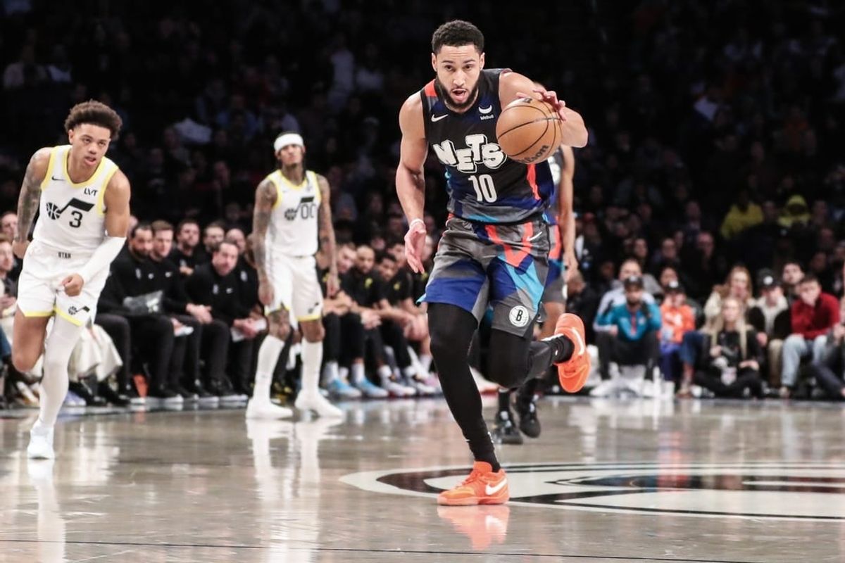 Jan 29, 2024; Brooklyn, New York, USA;  Brooklyn Nets guard Ben Simmons (10) brings the ball up court in the third quarter against the Utah Jazz at Barclays Center.