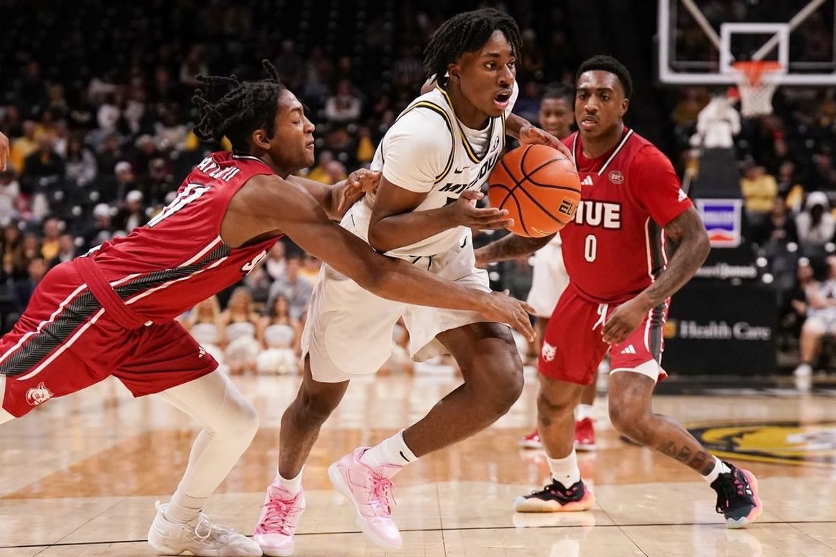 Nov 13, 2023; Columbia, Missouri, USA; Missouri Tigers guard Anthony Robinson II (14) dribbles the ball and is fouled by SIU Edwardsville Cougars guard Brian Taylor II (11) during the first half at Mizzou Arena.