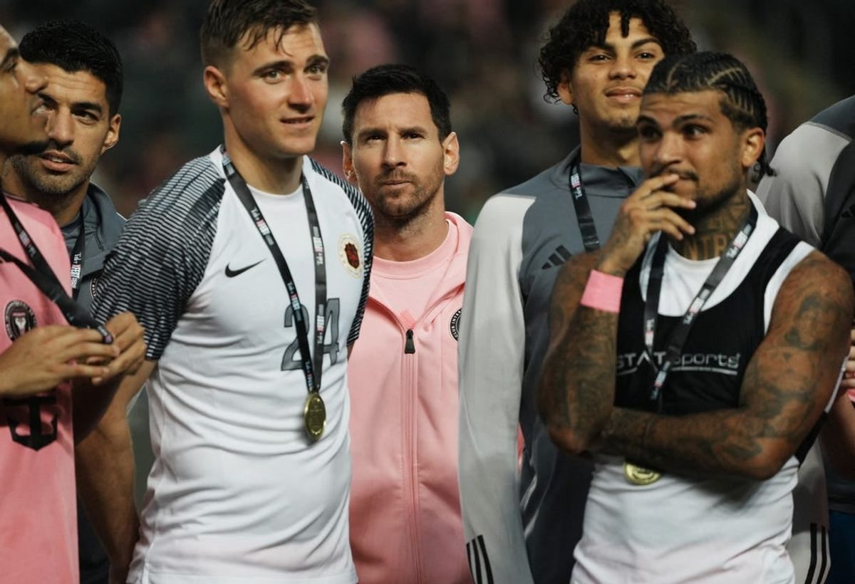 [US, Mexico & Canada customers only] Feb 4, 2024; Hong Kong, HONG KONG; Inter Miami players Lionel Messi, Julian Gressel, Luis Suarez and DeAndre Yedlin during the trophy presentation after a preseason friendly soccer match against Hong Kong XI at Hong Kong Stadium.