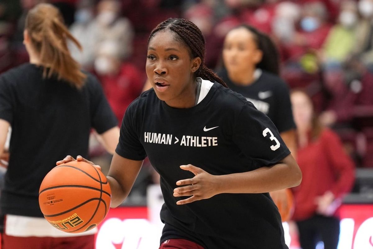 Jan 20, 2023; Stanford, California, USA; Stanford Cardinal forward Kiki Iriafen (44) warms up before the game against the Utah Utes at Maples Pavilion.