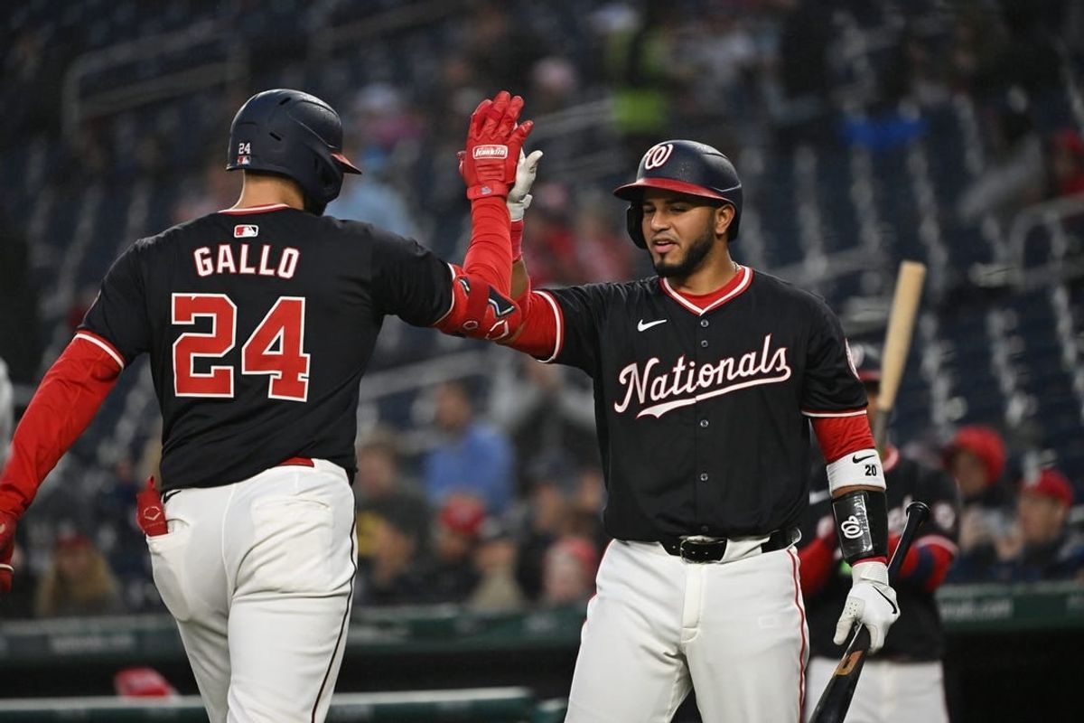 Apr 3, 2024; Washington, District of Columbia, USA; Washington Nationals first baseman Joey Gallo (24) celebrates after hitting a home run with catcher Keibert Ruiz (20) against the Pittsburgh Pirates during the second inning at Nationals Park.