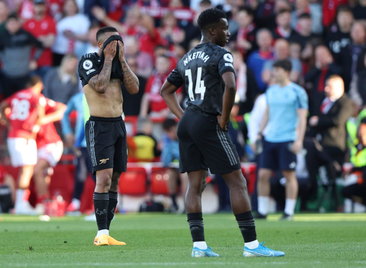A dejected Gabriel Jesus of Arsenal hides his face during the Premier League match at the City Ground, Nottingham.