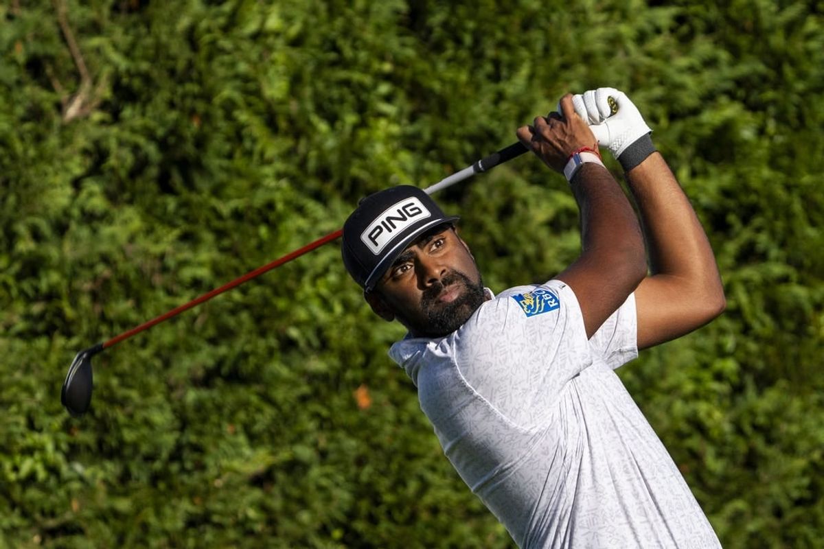 February 2, 2024; Pebble Beach, California, USA; Sahith Theegala hits his tee shot on the 16th hole during the second round of the AT&T Pebble Beach Pro-Am golf tournament at Pebble Beach Golf Links.