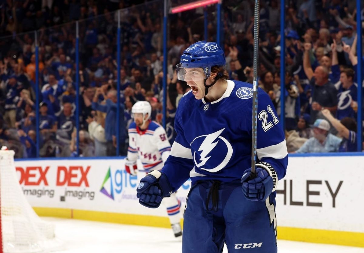 Mar 14, 2024; Tampa, Florida, USA; Tampa Bay Lightning center Brayden Point (21) celebrates after he scores a goal against the New York Rangers during the third period at Amalie Arena.