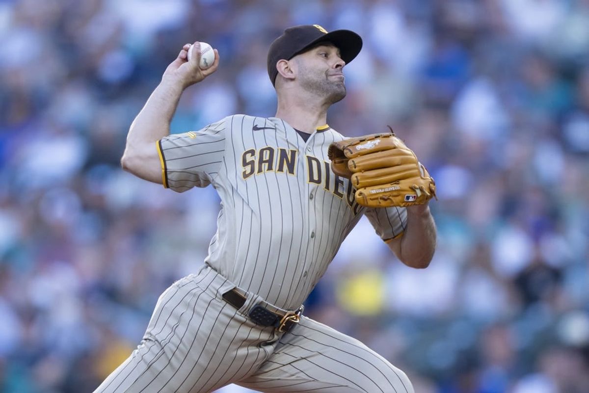 Aug 8, 2023; Seattle, Washington, USA; San Diego Padres starter Nick Martinez (21) delivers a pitch during the first inning against the Seattle Mariners at T-Mobile Park.