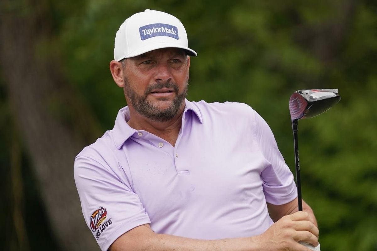 May 25, 2023; Fort Worth, Texas, USA; Michael Block watches his shot from the sixth tee during the first round of the Charles Schwab Challenge golf tournament.