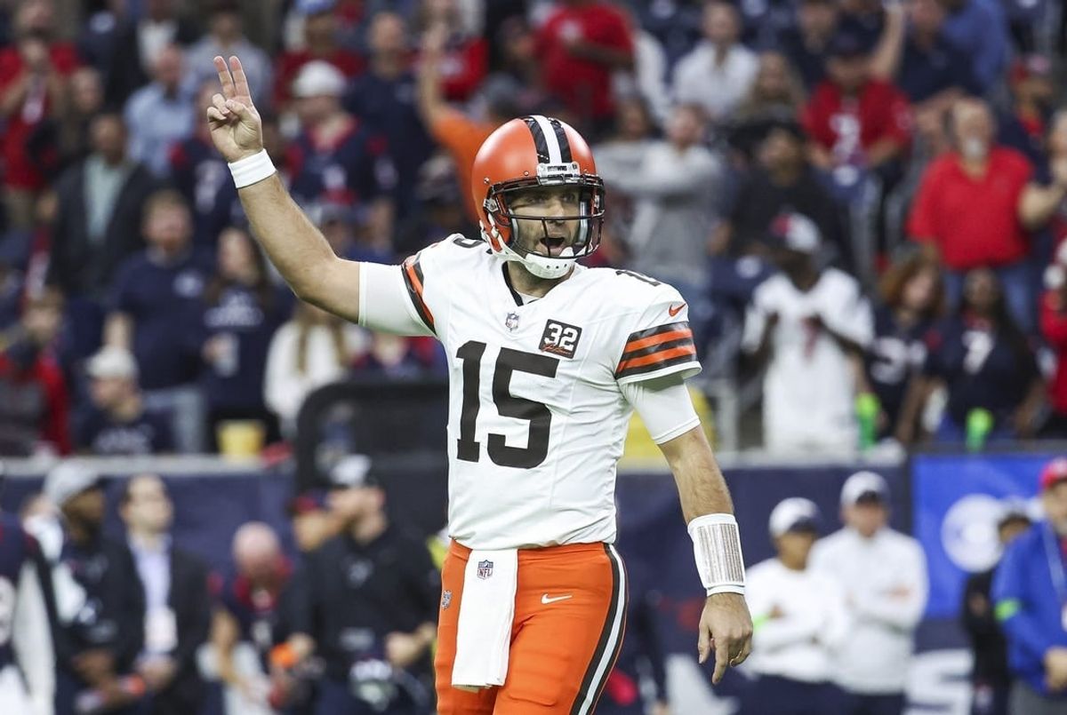 Dec 24, 2023; Houston, Texas, USA; Cleveland Browns quarterback Joe Flacco (15) reacts after a touchdown during the first quarter against the Houston Texans at NRG Stadium.