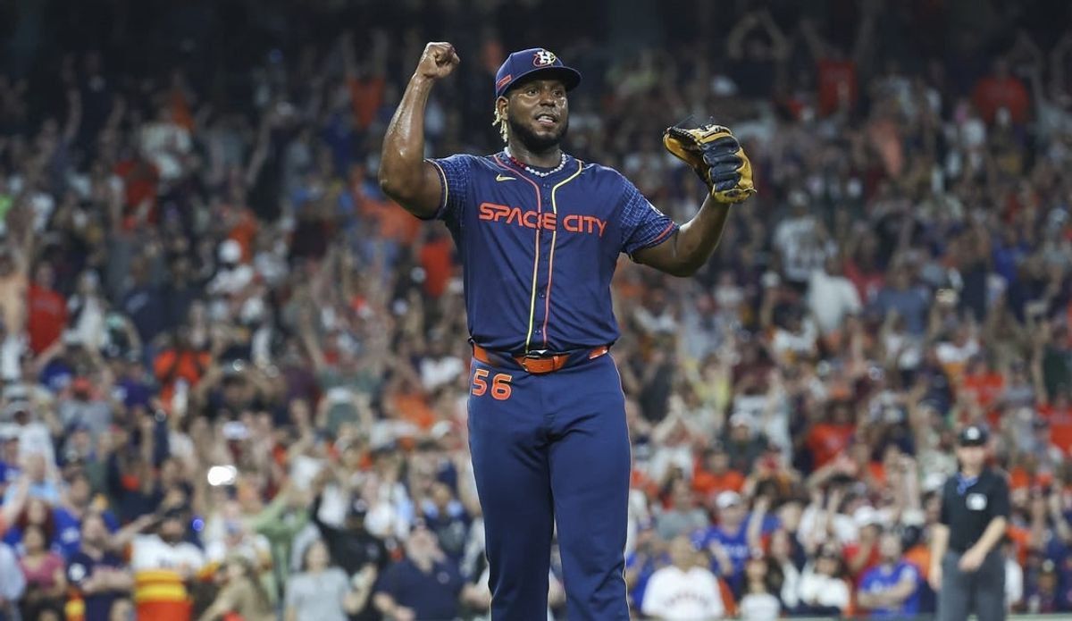 Apr 1, 2024; Houston, Texas, USA; Houston Astros starting pitcher Ronel Blanco (56) reacts after pitching a no-hitter against the Toronto Blue Jays at Minute Maid Park.
