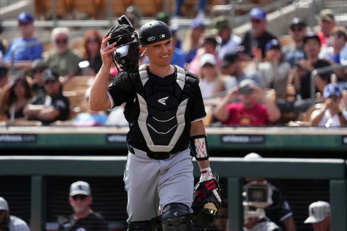 Feb 27, 2024; Phoenix, Arizona, USA; Chicago White Sox catcher Max Stassi (33) looks on against the Los Angeles Dodgers during the first inning at Camelback Ranch-Glendale.