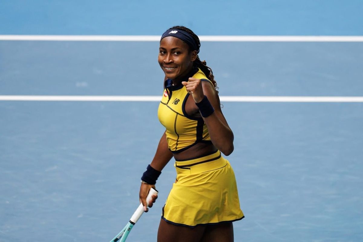 Jan 21, 2024; Melbourne, Victoria, Australia;   Coco Gauff of the United States celebrates her victory over Magdalena Frech of Poland in the fourth round of the women s singles at the Australian Open 2024.