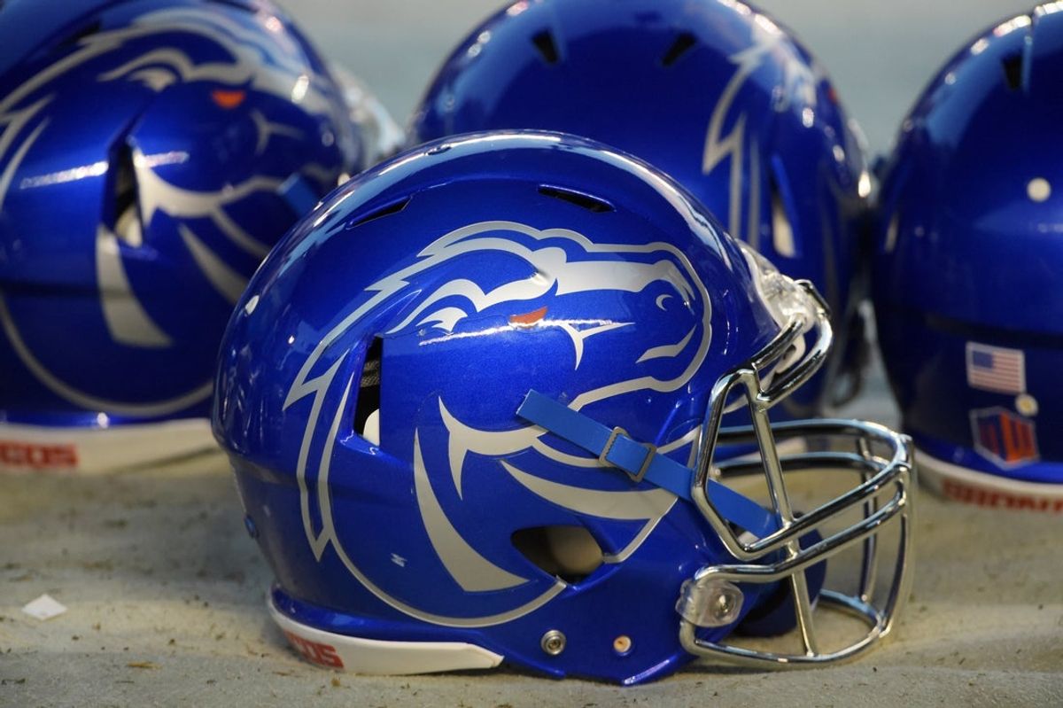 Dec 23, 2015; San Diego, CA, USA; General view of Boise State Broncos helmets on the sidelines during the 2015 Poinsettia Bowl against the Northern Illinois Huskies at Qualcomm Stadium. Mandatory Credit: Kirby Lee-Imagn Images