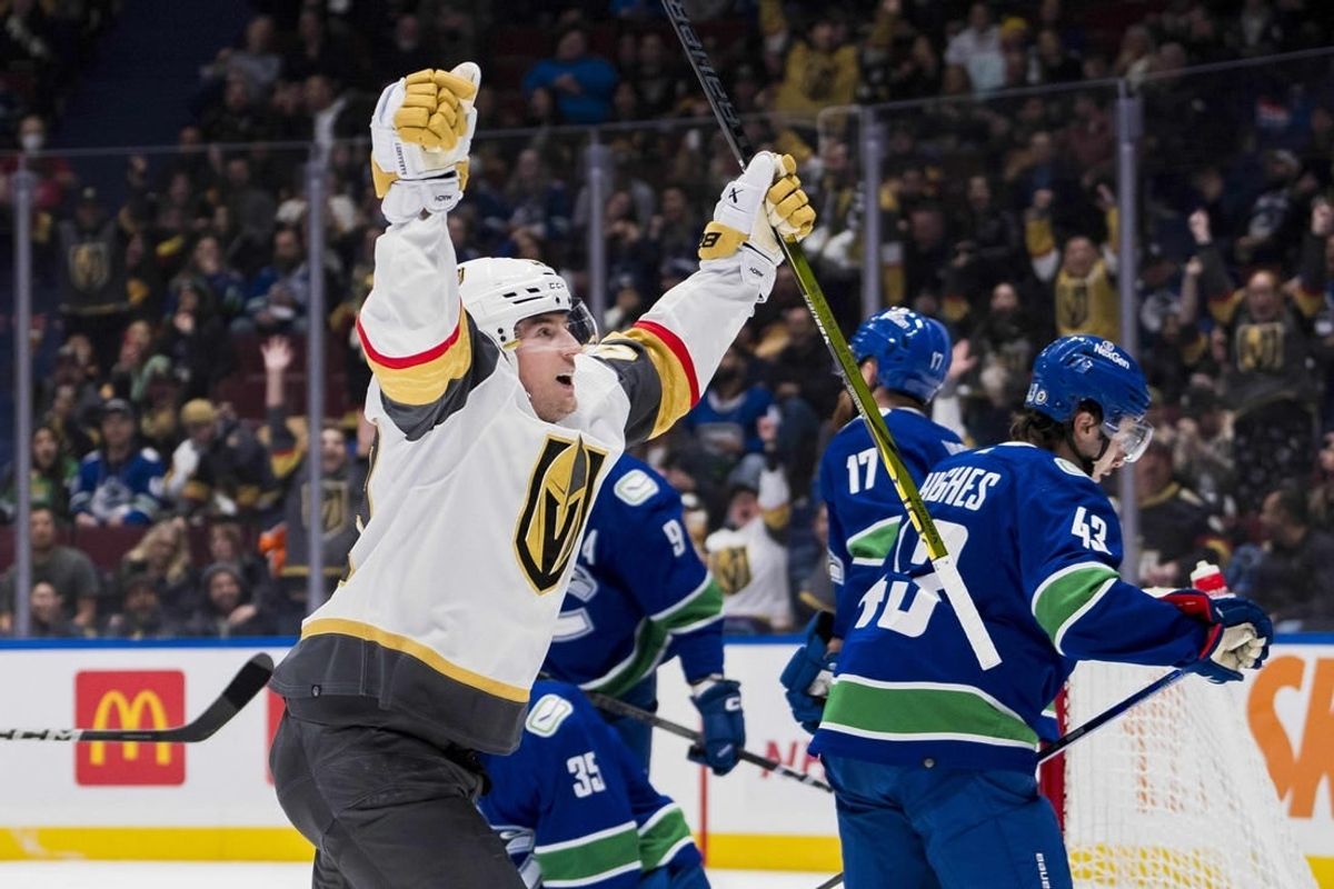 Nov 30, 2023; Vancouver, British Columbia, CAN; Vegas Golden Knights forward Ivan Barbashev (49) celebrates his goal against the Vancouver Canucks in the first period at Rogers Arena.