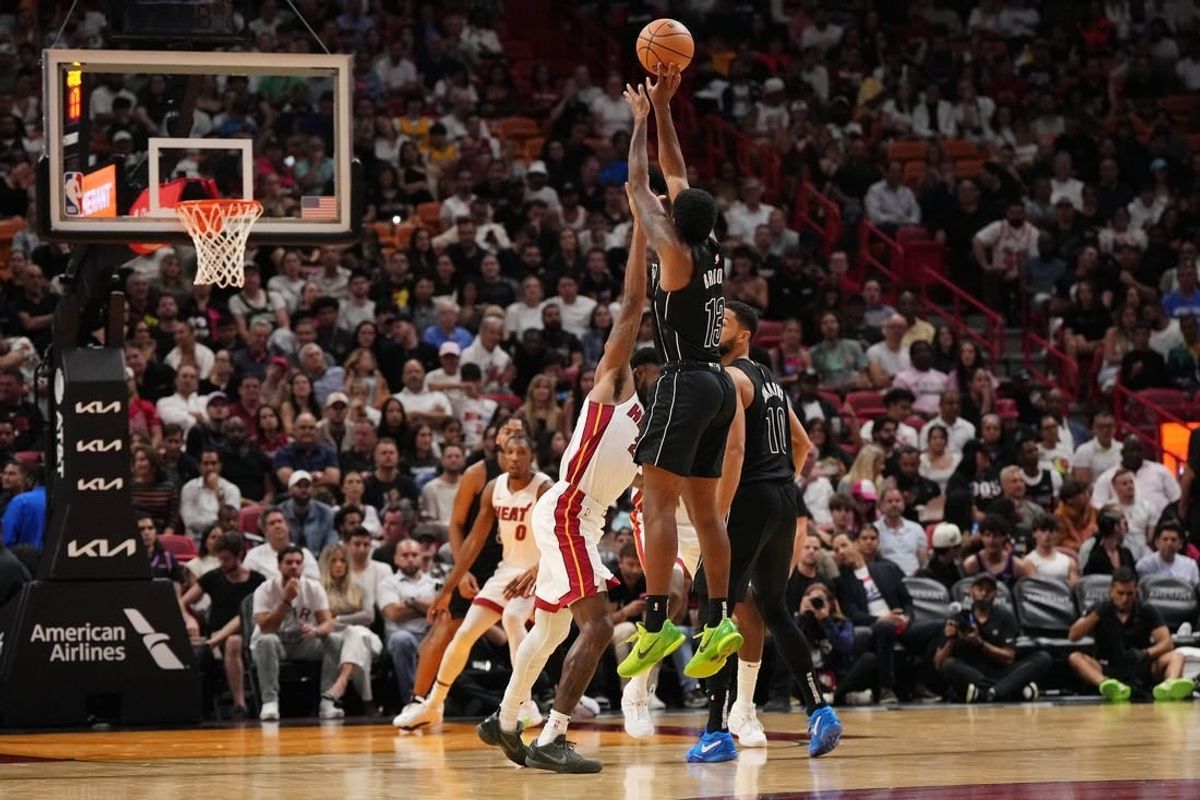 Nov 1, 2023; Miami, Florida, USA; Brooklyn Nets guard Armoni Brooks (13) attempts a three point shot against the Miami Heat during the second half at Kaseya Center.
