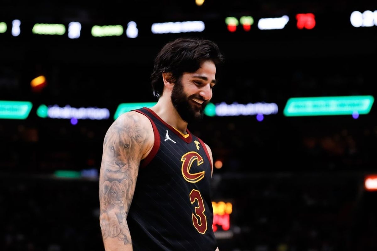 Dec 1, 2021; Miami, Florida, USA; Cleveland Cavaliers guard Ricky Rubio (3) reacts in the fourth quarter of the game against the Miami Heat at FTX Arena.
