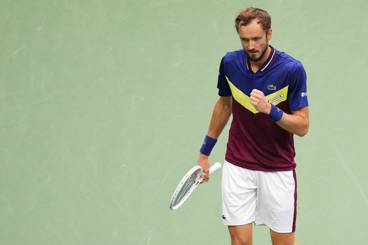 Sep 10, 2023; Flushing, NY, USA; Daniil Medvedev reacts after winning a point against Novak Djokovic of Serbia (not pictured) in the men's singles final in the men's singles final on day fourteen of the 2023 U.S. Open tennis tournament at USTA Billie Jean King National Tennis Center.