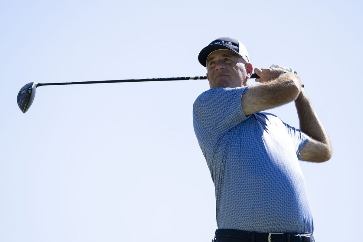 January 14, 2024; Honolulu, Hawaii, USA; Stewart Cink hits his tee shot on the 14th hole during the final round of the Sony Open in Hawaii golf tournament at Waialae Country Club.