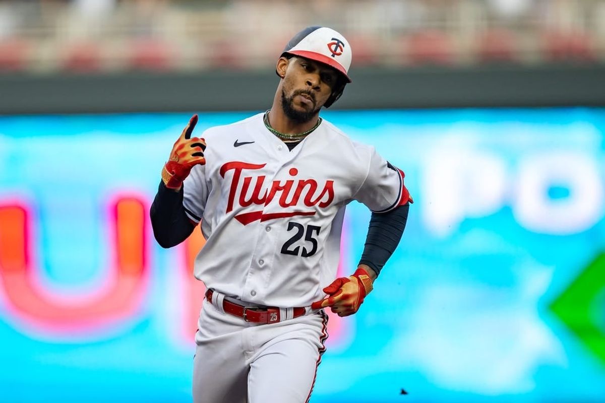 Jul 21, 2023; Minneapolis, Minnesota, USA; Minnesota Twins designated hitter Byron Buxton (25) celebrates hitting a solo home run against the Chicago White Sox in the fourth inning at Target Field.