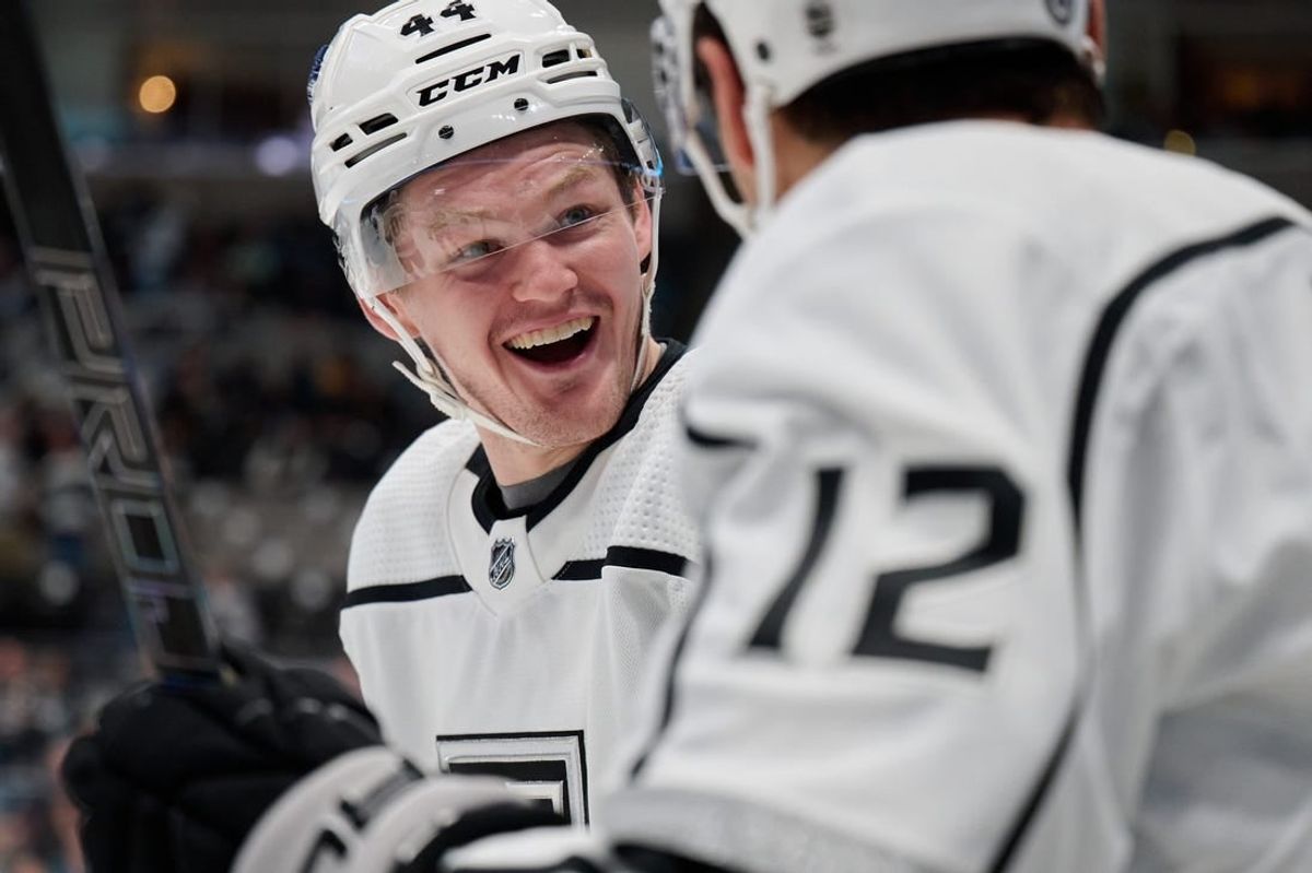 Apr 4, 2024; San Jose, California, USA; Los Angeles Kings defenseman Mikey Anderson (44) celebrates with left wing Trevor Moore (12) after a goal scored against the San Jose Sharks during the first period at SAP Center at San Jose.