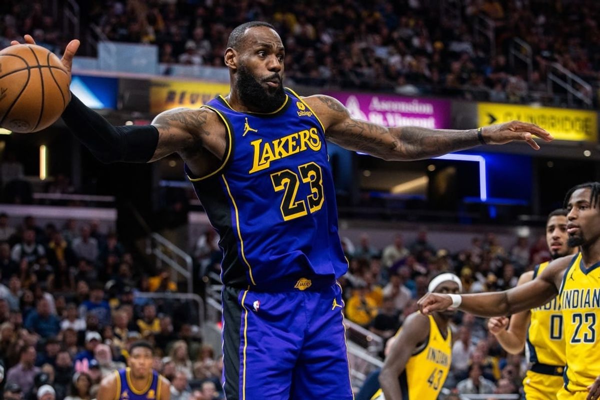 Mar 29, 2024; Indianapolis, Indiana, USA; Los Angeles Lakers forward LeBron James (23) passes the ball  in the second half against the Indiana Pacers at Gainbridge Fieldhouse.
