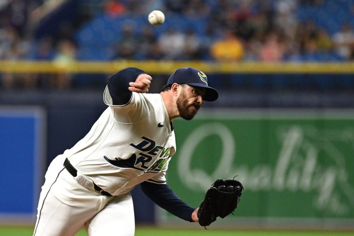 Mar 29, 2024; St. Petersburg, Florida, USA; Tampa Bay Rays starting pitcher Aaron Civale (34) throws a pitch in the first inning of the game against the Toronto Blue Jays at Tropicana Field.