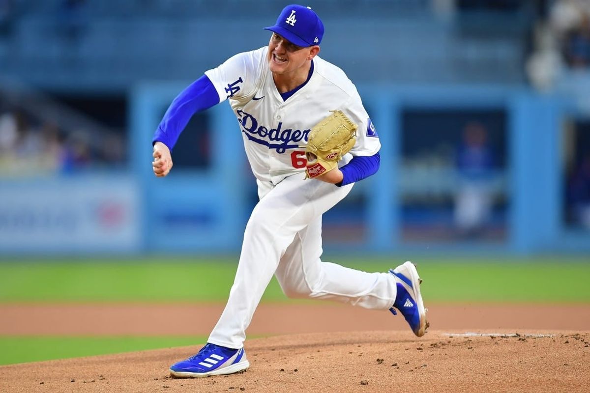 Apr 16, 2024; Los Angeles, California, USA; Los Angeles Dodgers pitcher Kyle Hurt (63) throws against the Washington Nationals during the first inning at Dodger Stadium.