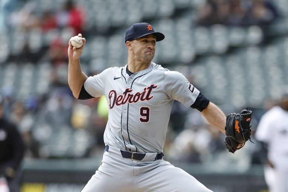 Mar 31, 2024; Chicago, Illinois, USA; Detroit Tigers starting pitcher Jack Flaherty (9) delivers a pitch against the Chicago White Sox during the first inning at Guaranteed Rate Field.