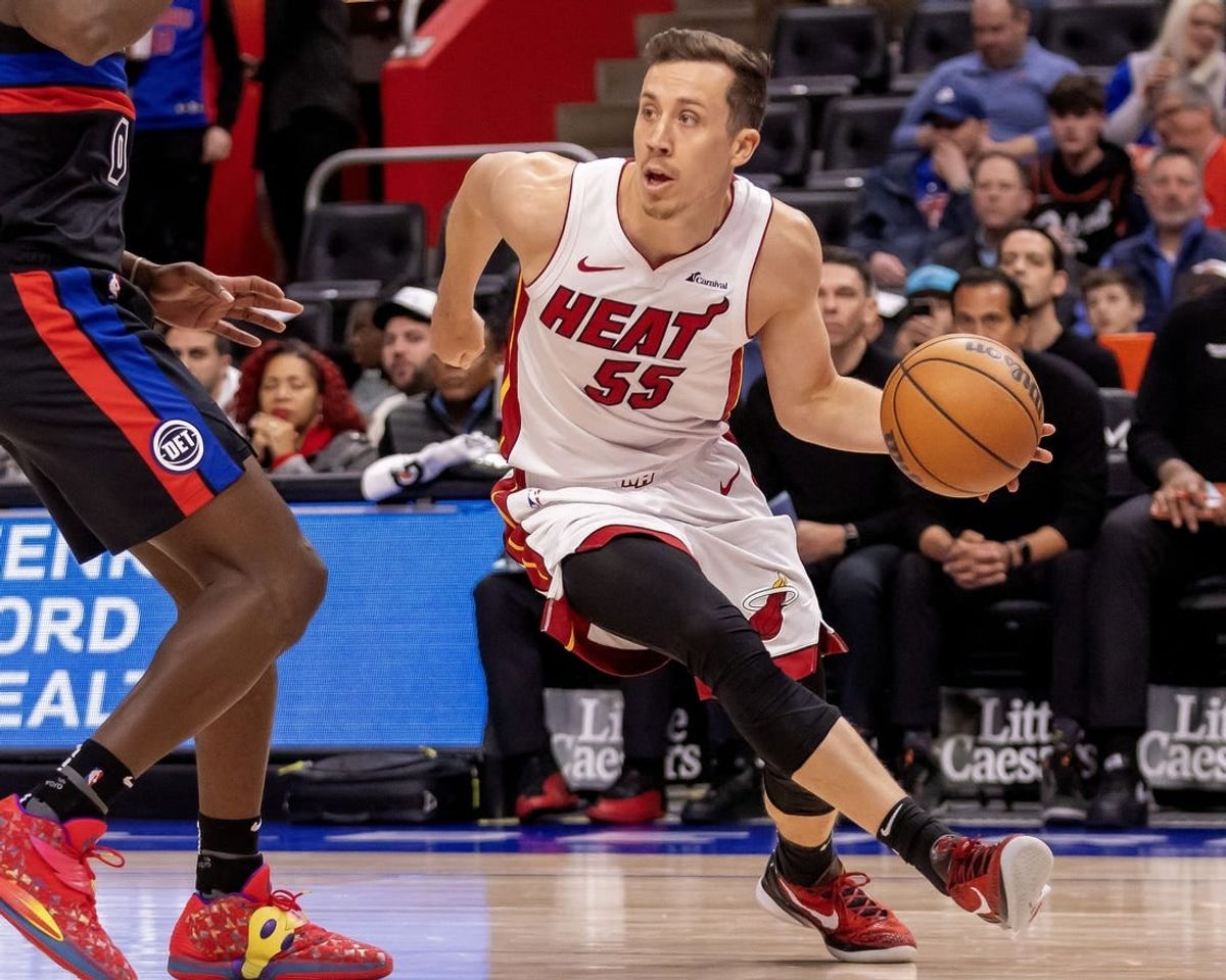Mar 15, 2024; Detroit, Michigan, USA; Miami Heat forward Duncan Robinson (55) dribbles the ball against the Detroit Pistons during the first quarter at Little Caesars Arena.
