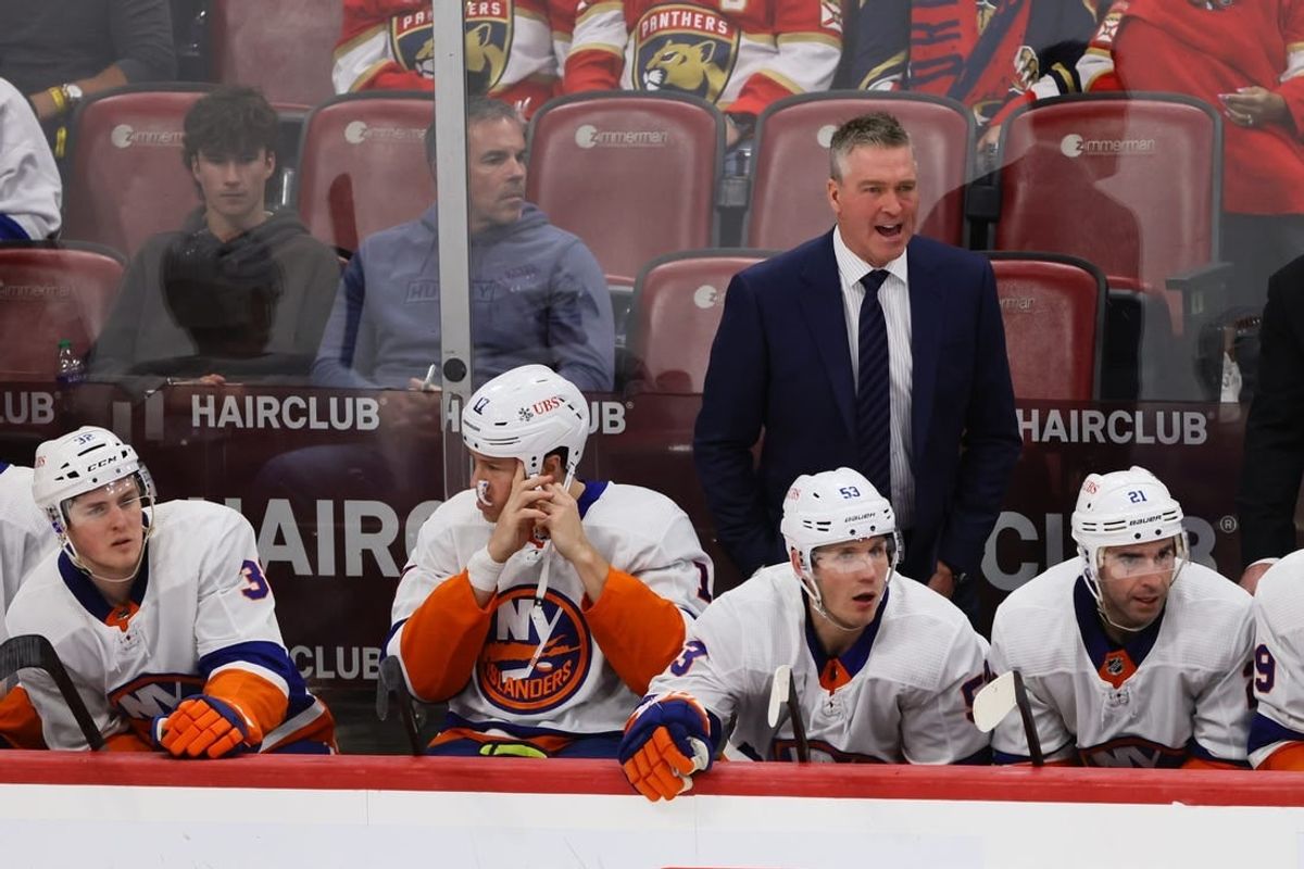 Mar 28, 2024; Sunrise, Florida, USA; New York Islanders head coach Patrick Roy reacts from the bench against the Florida Panthers during the third period at Amerant Bank Arena.