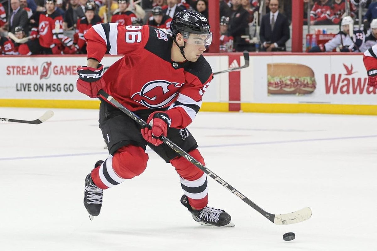 Apr 6, 2023; Newark, New Jersey, USA; New Jersey Devils right wing Timo Meier (96) skates with the puck during the third period against the Columbus Blue Jackets at Prudential Center.