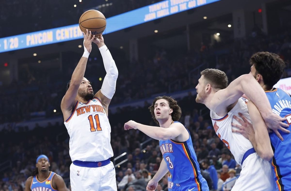 Dec 27, 2023; Oklahoma City, Oklahoma, USA; New York Knicks guard Jalen Brunson (11) shoots against the Oklahoma City Thunder during the first quarter at Paycom Center.