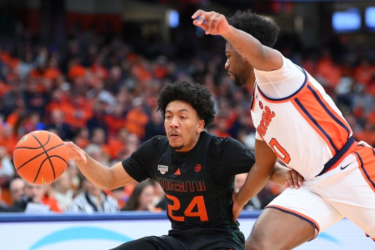 Jan 20, 2024; Syracuse, New York, USA; Miami (Fl) Hurricanes guard Nijel Pack (24) controls the ball as Syracuse Orange guard Kyle Cuffe Jr. (0) defends during the first half at the JMA Wireless Dome.