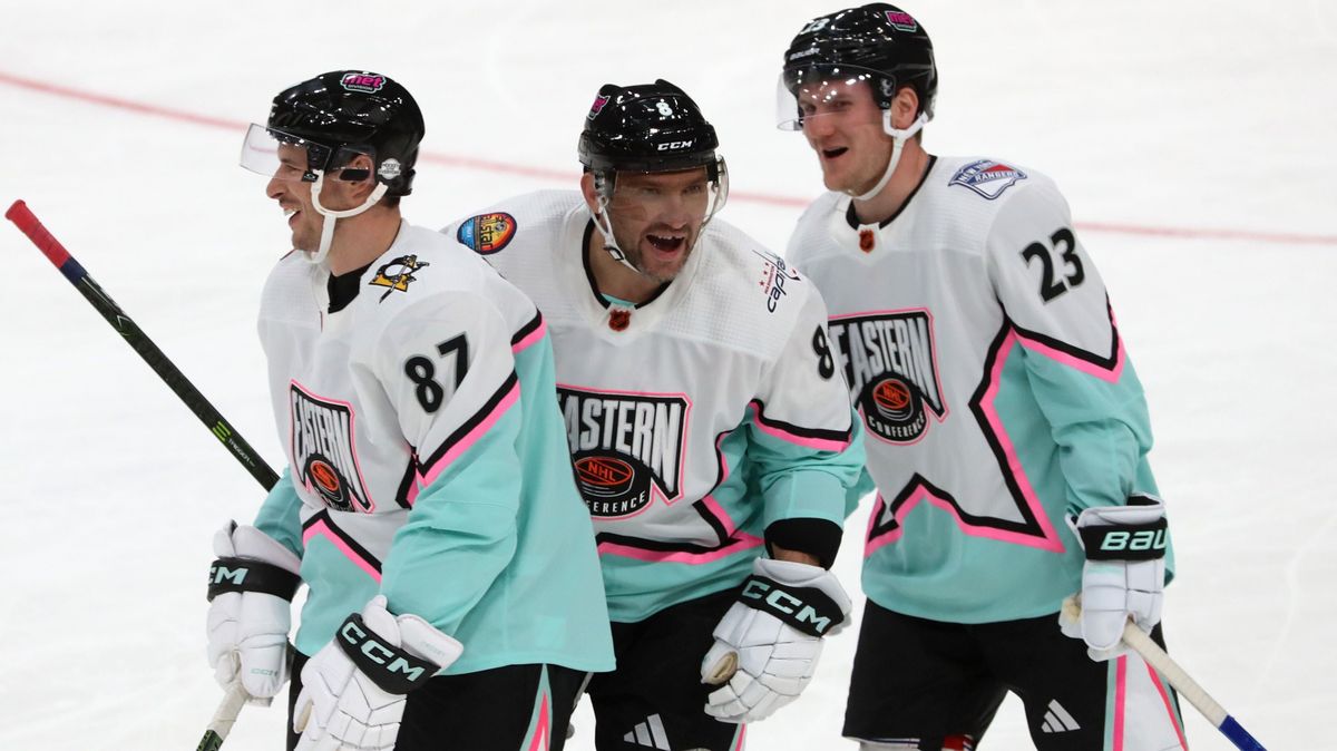 Adam Fox, Alex Ovechkin, and Sidney Crosby celebrate during the game between the Metropolitan Division and the Atlantic Division during the 2023 Honda NHL All-Star game at FLA Live Arena on Feb.  4, 2023.