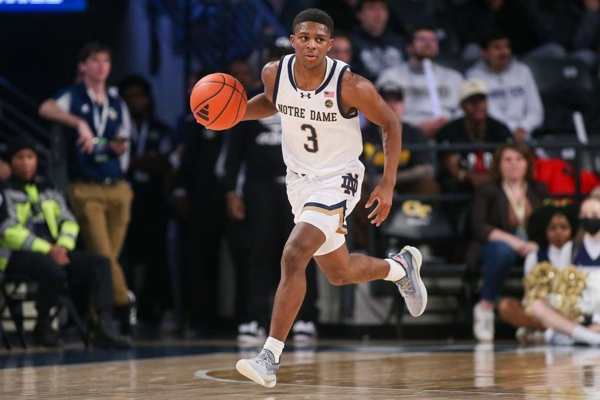 Jan 9, 2024; Atlanta, Georgia, USA; Notre Dame Fighting Irish guard Markus Burton (3) dribbles against the Georgia Tech Yellow Jackets in the first half at McCamish Pavilion.