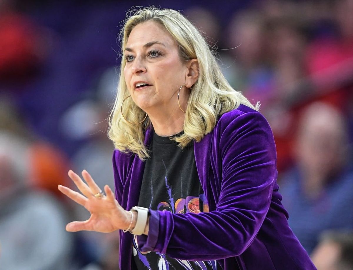 Jan 25, 2024; Clemson, South Carolina, USA; Clemson Coach Amanda Butler communicates with players in the game with NC State during the first quarter at Littlejohn Coliseum.