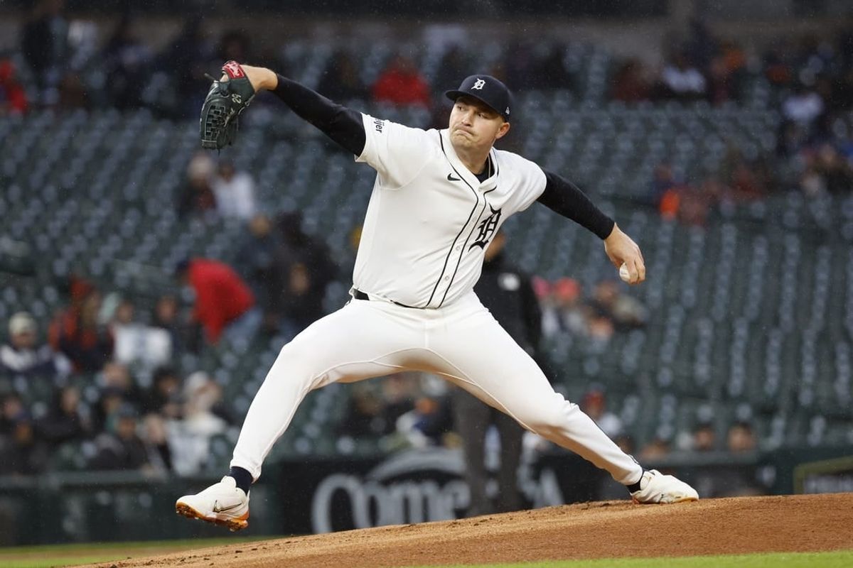 Apr 12, 2024; Detroit, Michigan, USA;  Detroit Tigers starting pitcher Tarik Skubal (29) pitches in the first inning against the Minnesota Twins at Comerica Park.