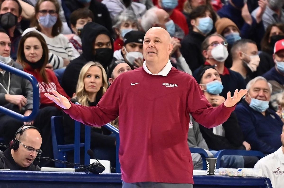 Feb 19, 2022; Spokane, Washington, USA; Santa Clara Broncos head coach Herb Sendek reacts after a foul against the Broncos during a game against the Gonzaga Bulldogs in the second half at McCarthey Athletic Center. Gonzaga won 81-69.