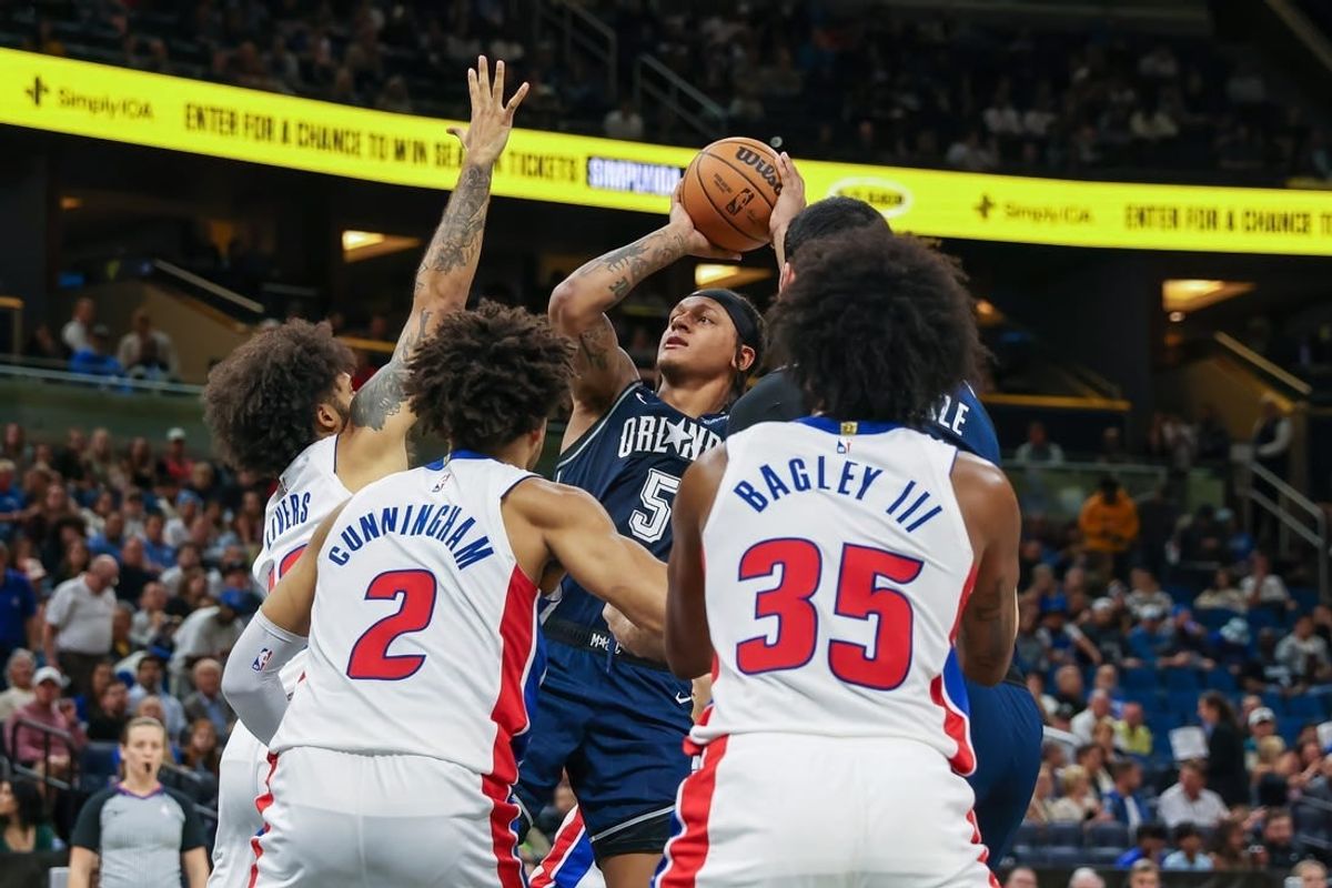Dec 8, 2023; Orlando, Florida, USA; Orlando Magic forward Paolo Banchero (5) shoots the ball against the Detroit Pistons during the second quarter at Amway Center.