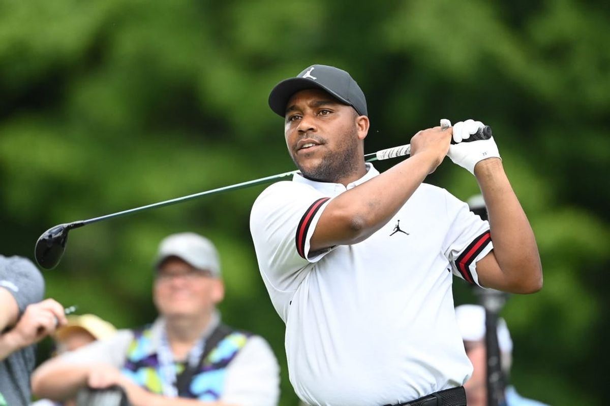 Aug 4, 2023; White Sulphur Springs, West Virginia, USA; Harold Varner III on the 9th tee during the first round of the LIV Golf event at The Old White Course.