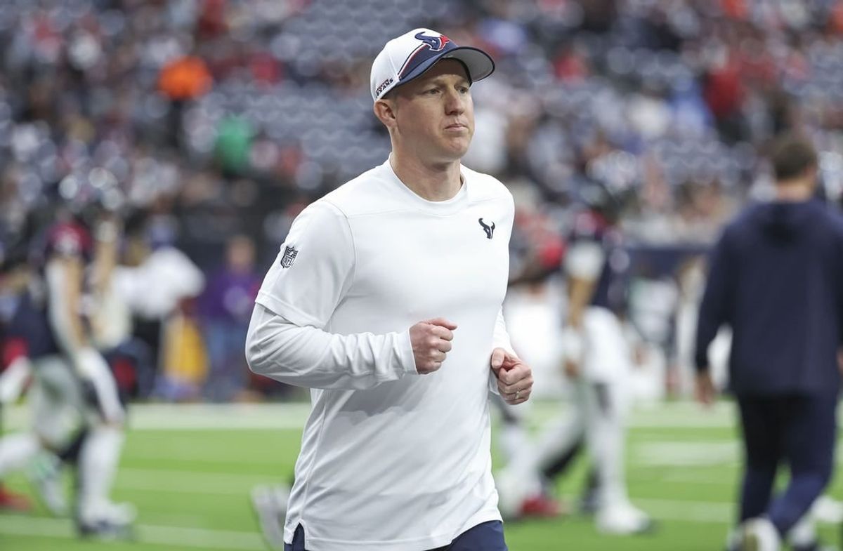 Jan 13, 2024; Houston, Texas, USA; Houston Texans offensive coordinator Bobby Slowik before a 2024 AFC wild card game against the Cleveland Browns at NRG Stadium.
