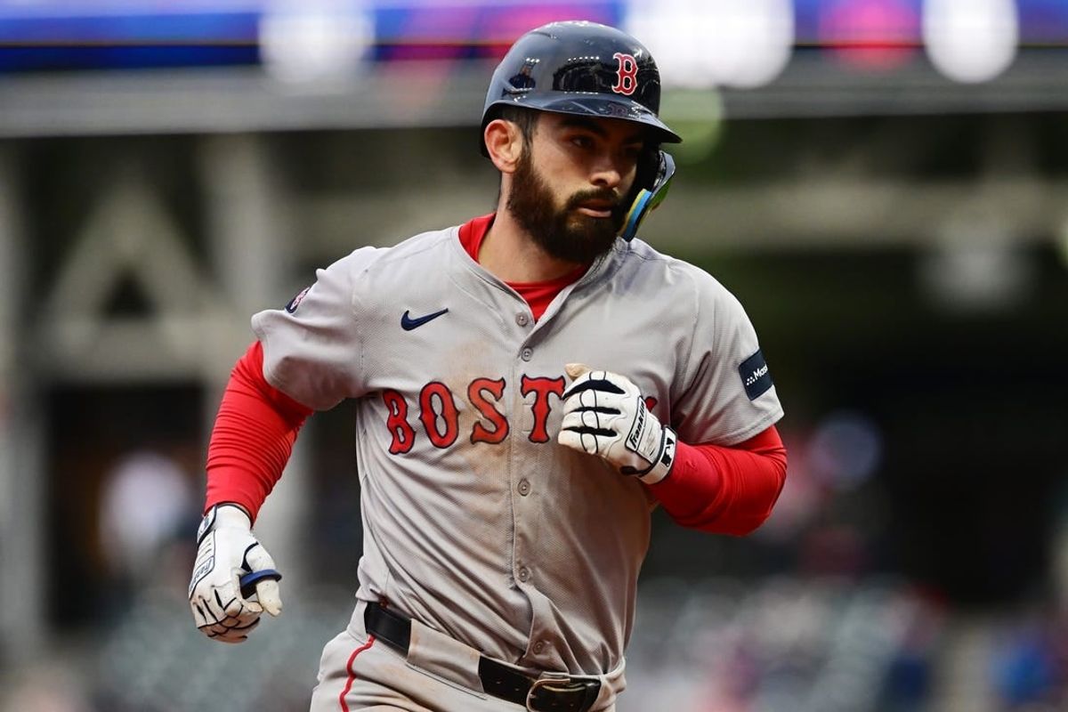 Apr 24, 2024; Cleveland, Ohio, USA; Boston Red Sox catcher Connor Wong (12) rounds the bases after hitting a home run during the sixth inning against the Cleveland Guardians at Progressive Field.