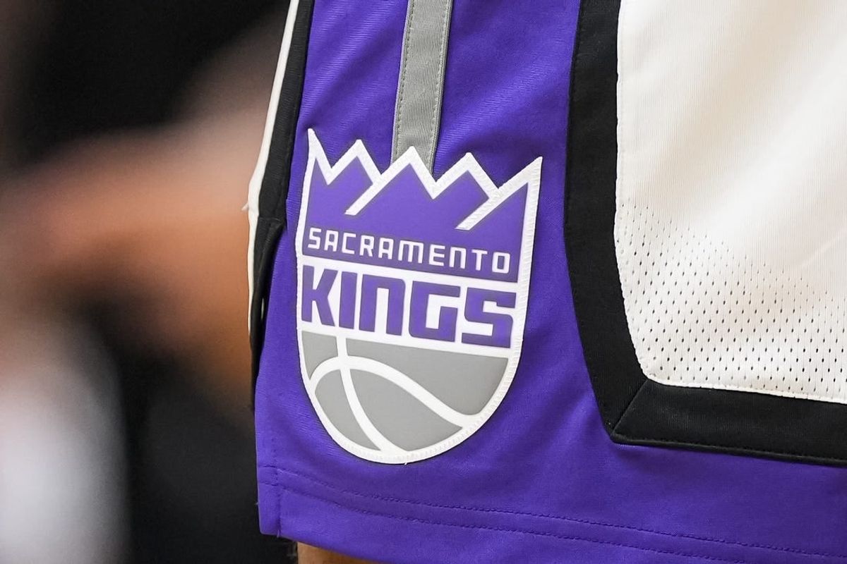 Dec 29, 2023; Atlanta, Georgia, USA; The Sacramento Kings logo on the shorts of forward Domantas Sabonis (10) during the game against the Atlanta Hawks during the second half at State Farm Arena.
