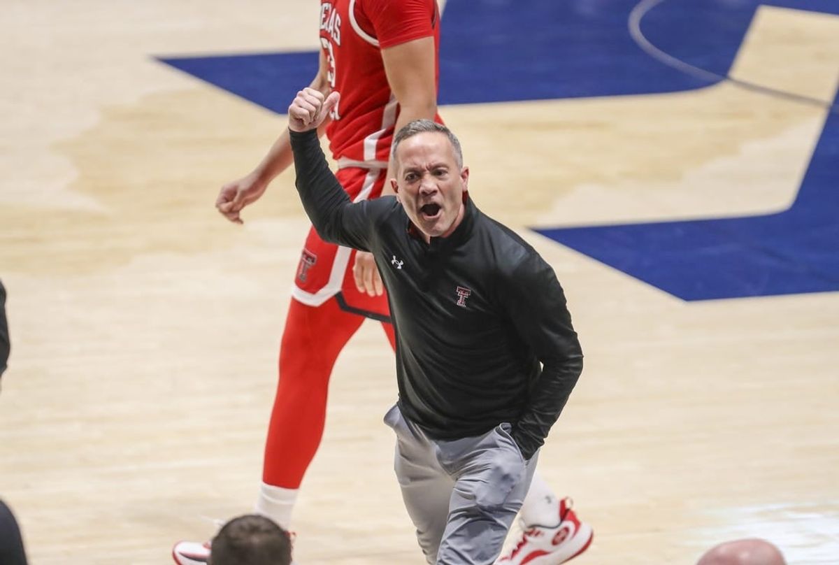 Mar 2, 2024; Morgantown, West Virginia, USA; Texas Tech Red Raiders head coach Grant McCasland argues a call during the first half against the West Virginia Mountaineers at WVU Coliseum.