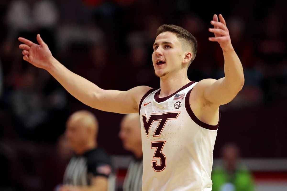 Jan 10, 2024; Blacksburg, Virginia, USA; Virginia Tech Hokies guard Sean Pedulla (3) waves to the crowd during the first half against the Clemson Tigers at Cassell Coliseum.