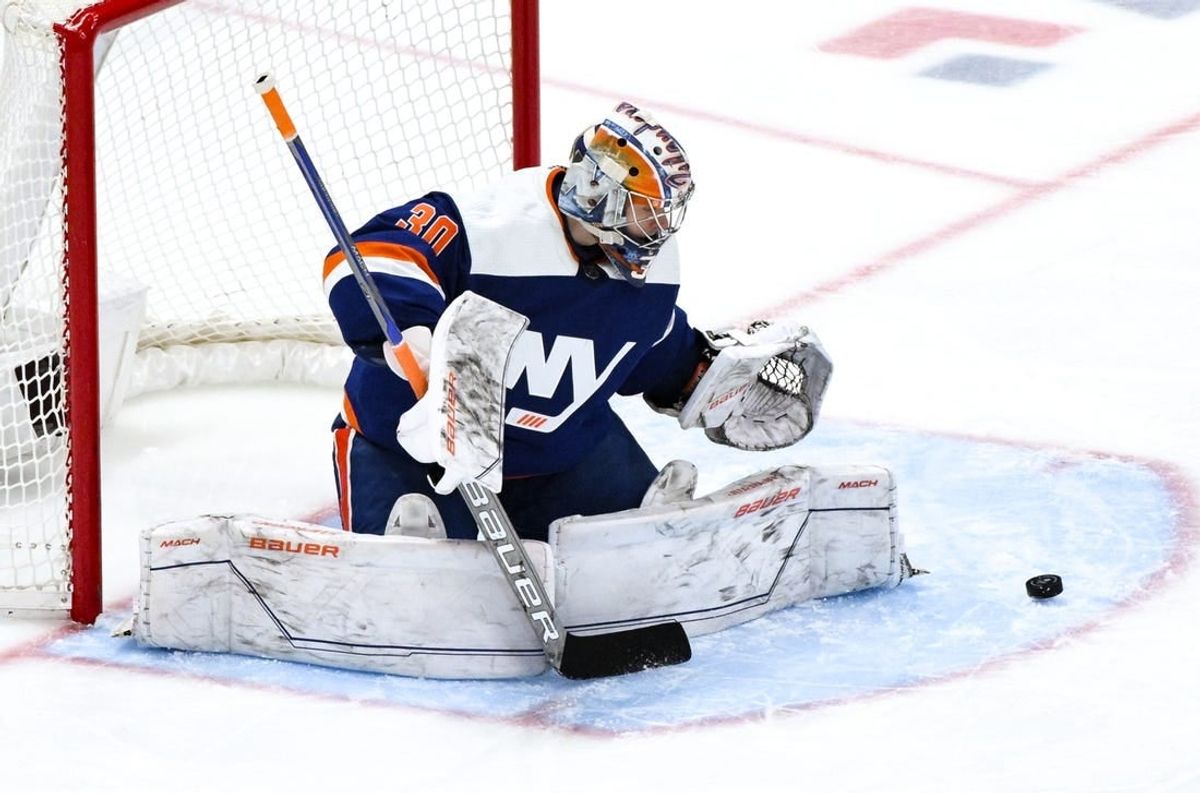 Dec 9, 2023; Elmont, New York, USA; New York Islanders goaltender Ilya Sorokin (30) makes a save against the Los Angeles Kings during the third period at UBS Arena.