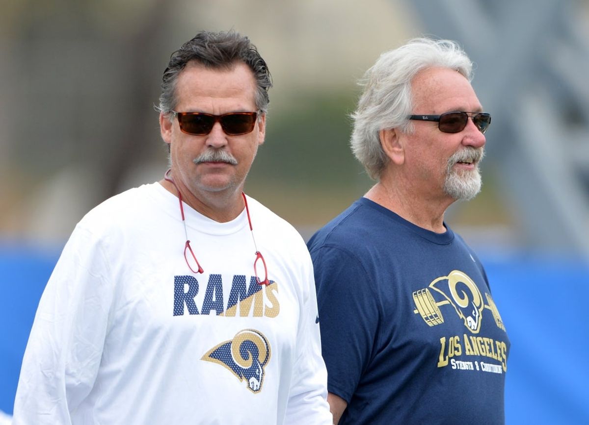 Jun 1, 2016; Oxnard, CA, USA; Los Angeles Rams coach Jeff Fisher (left) and assistant head coach Dave McGinnis at organized team activities at the River Ridge Fields. Mandatory Credit: Kirby Lee-Imagn Images