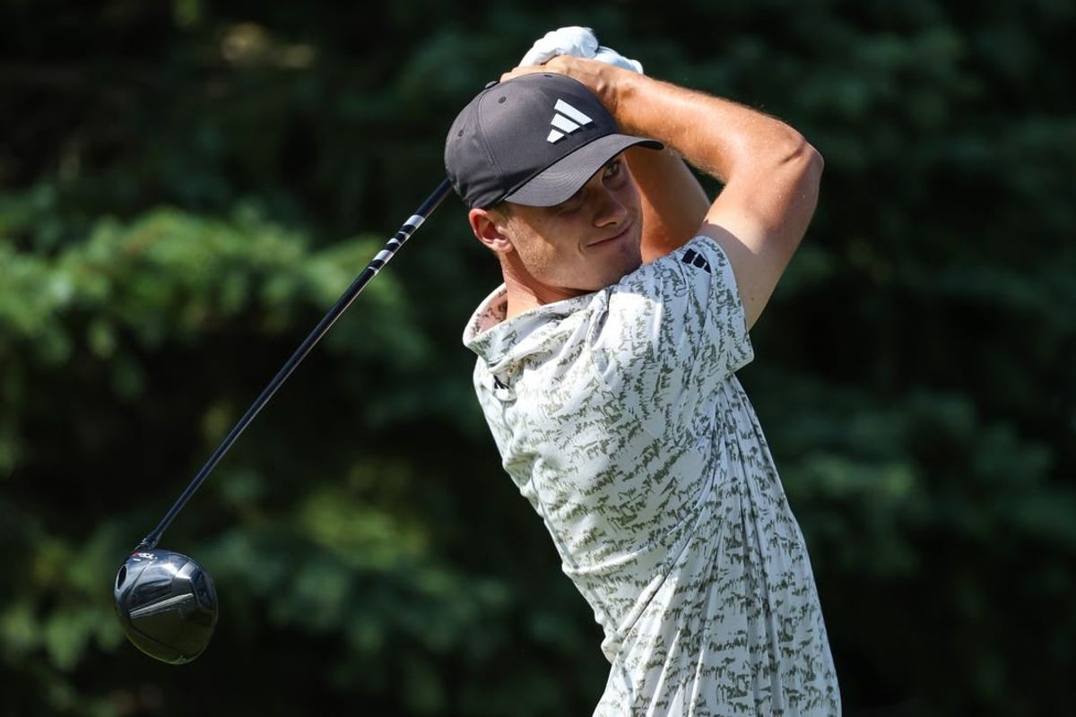 Jul 29, 2023; Blaine, Minnesota, USA; Ludvig Aberg hits his tee shot on the second hole during the third round of the 3M Open golf tournament.