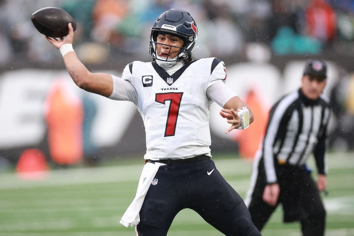 Dec 10, 2023; East Rutherford, New Jersey, USA; Houston Texans quarterback C.J. Stroud (7) throws a pass during the second half against the New York Jets at MetLife Stadium.