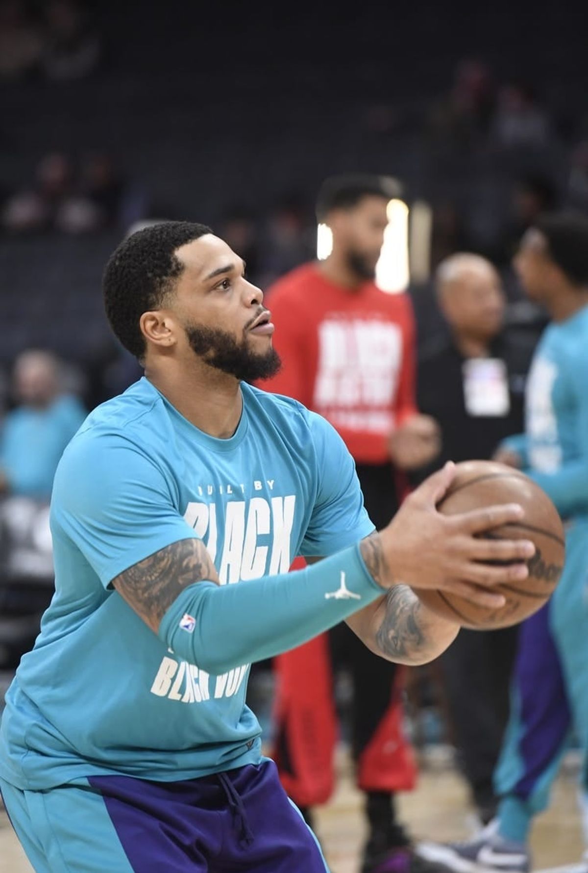 Feb 7, 2024; Charlotte, North Carolina, USA; Charlotte Hornets forward Miles Bridges (0) warms up before the game against the Toronto Raptors at the Spectrum Center.