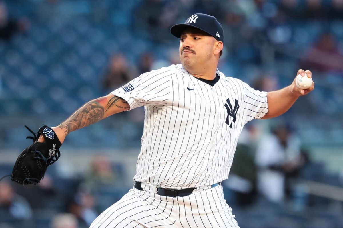 Apr 25, 2024; Bronx, New York, USA; New York Yankees starting pitcher Nestor Cortes (65) delivers a pitch during the first inning against the Oakland Athletics at Yankee Stadium.